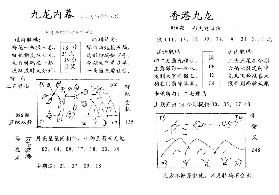 六合彩086期九龙内幕-开奖报(早图)(黑白)