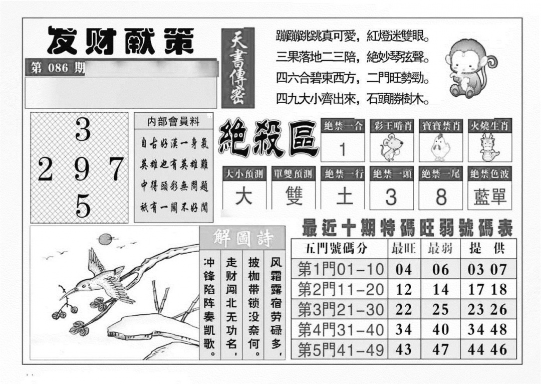 六合彩086期发财献策(特准)(黑白)