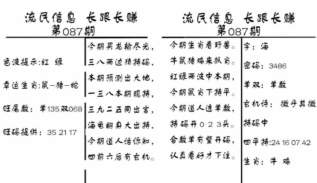 六合彩087期流民信息(黑白)