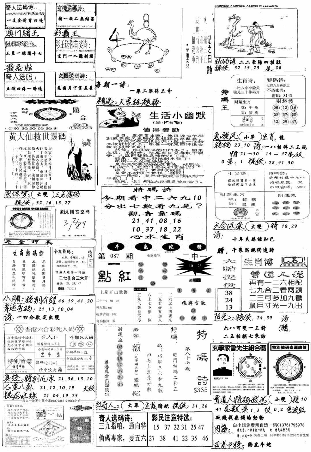 六合彩087期手写综合资料A(黑白)