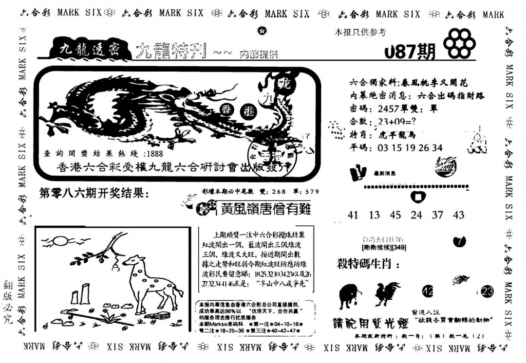 六合彩087期九龙特新刊(黑白)