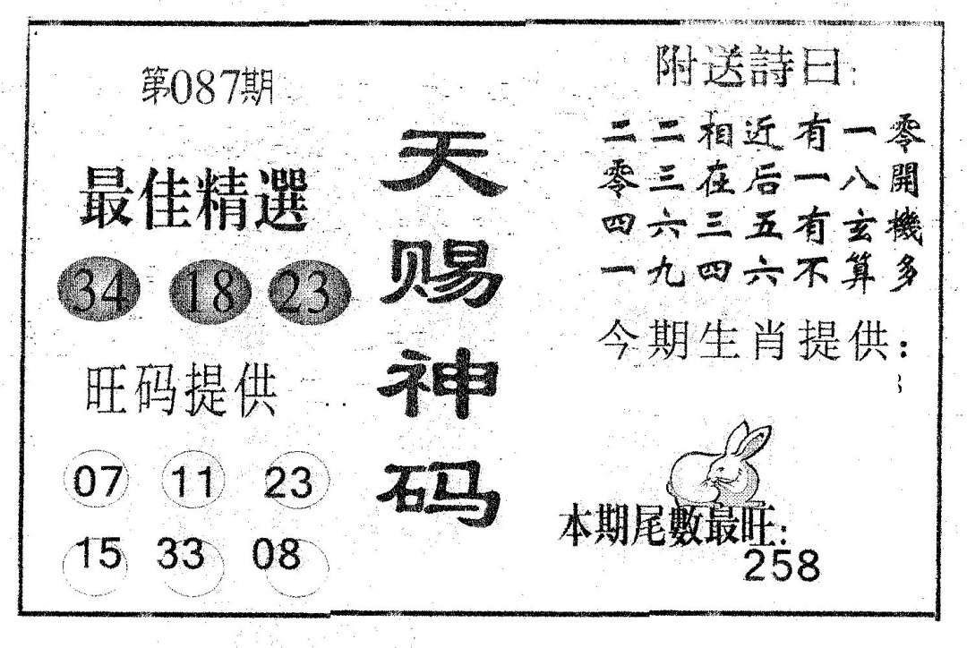 六合彩087期天赐神码(黑白)