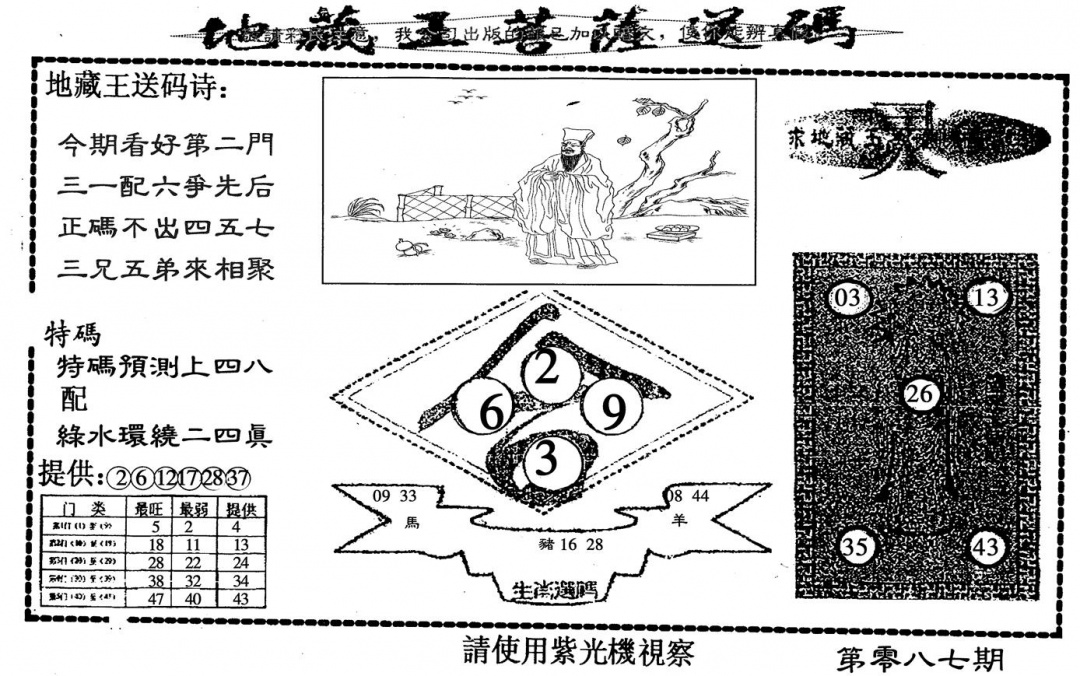 六合彩087期地藏王送码(黑白)