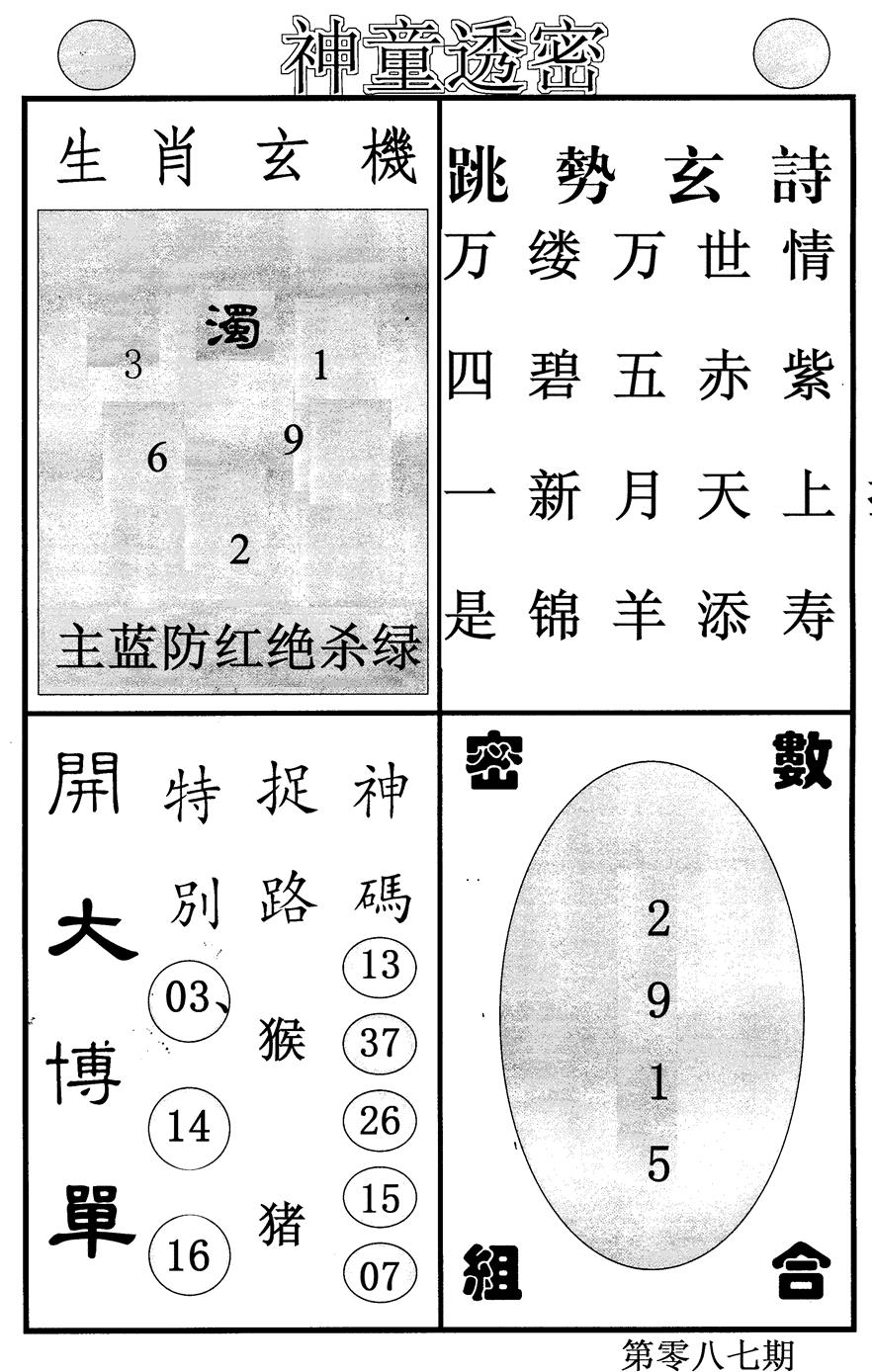 六合彩087期神童透密(黑白)