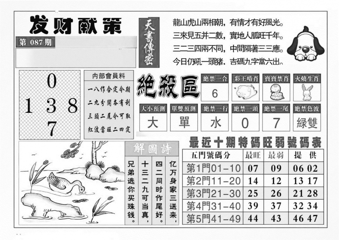 六合彩087期发财献策(特准)(黑白)