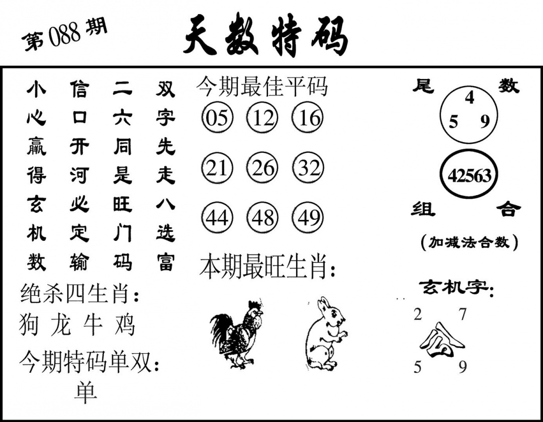 六合彩088期天数特码(黑白)