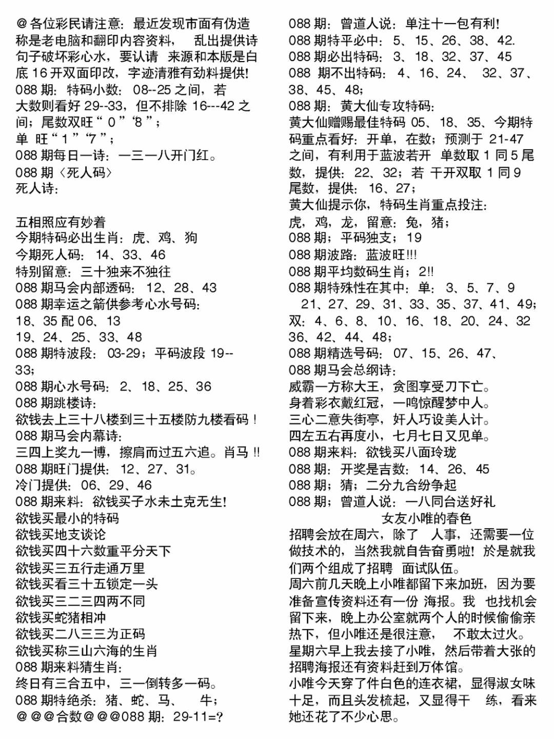 六合彩088期当日电脑综合资料B(黑白)