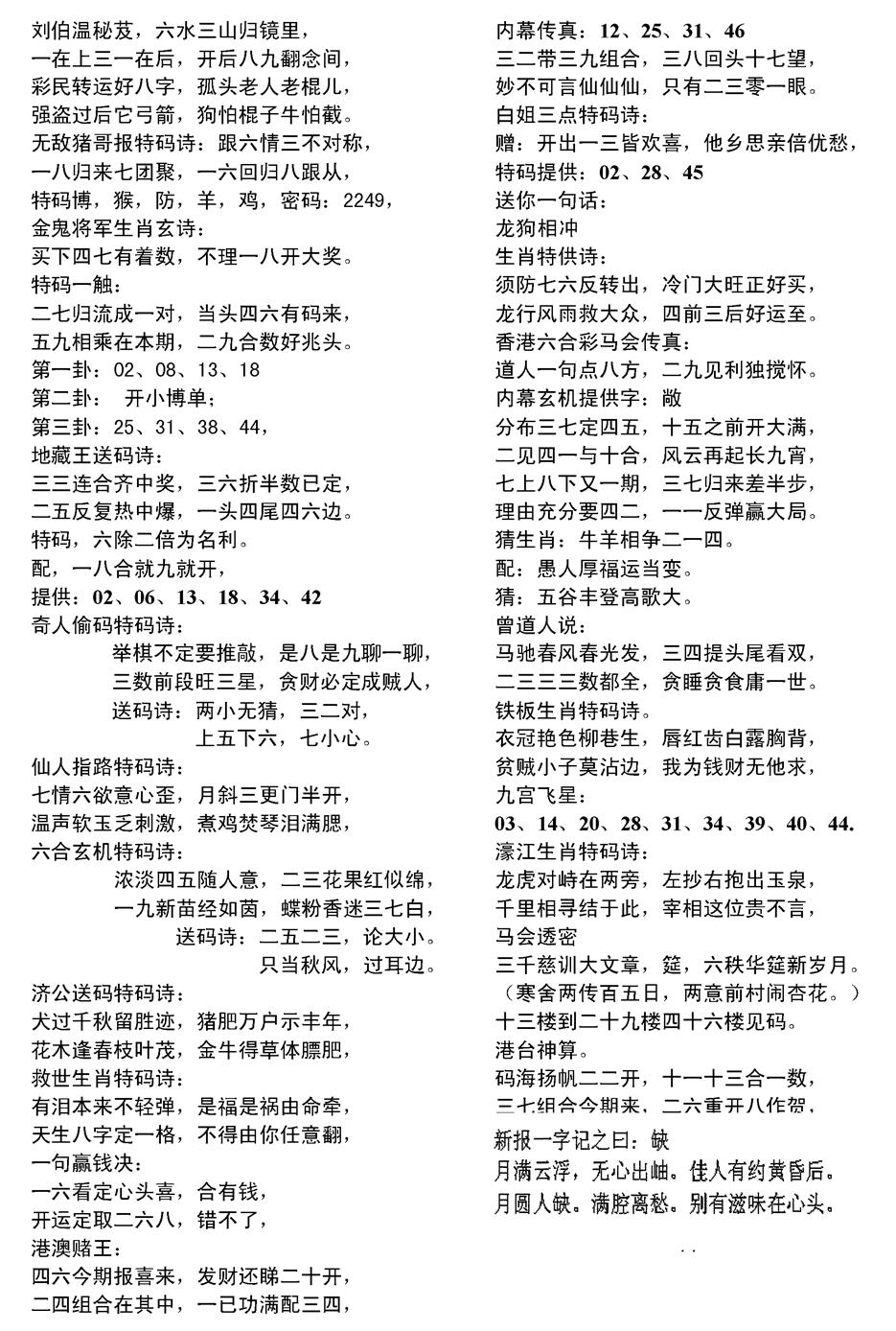 六合彩088期当日电脑综合资料D(黑白)