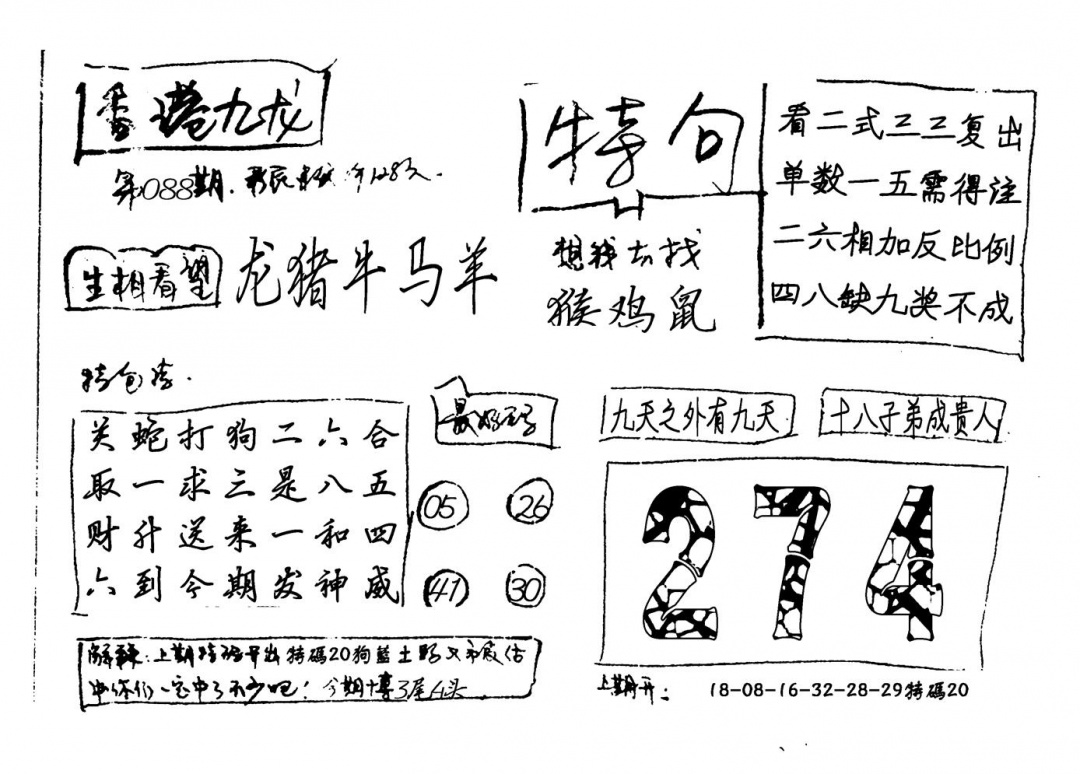 六合彩088期香港九龙(新图)手写(黑白)