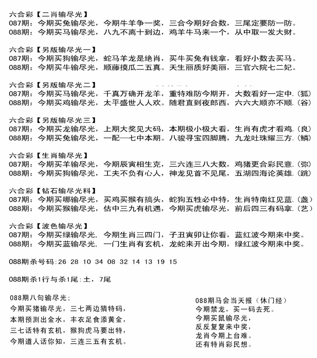 六合彩088期输光料(黑白)
