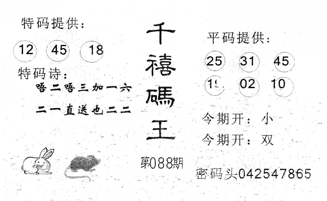 六合彩088期千禧码王(黑白)