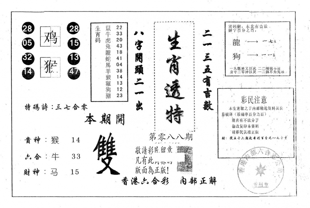 六合彩088期生肖透特(黑白)