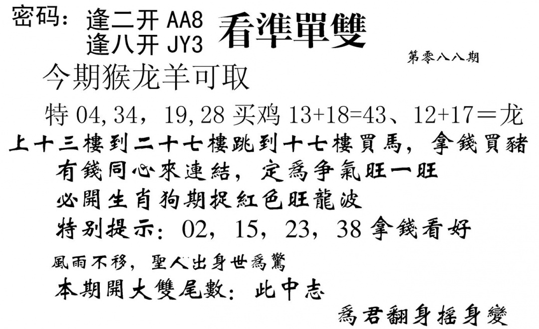 六合彩088期看准单双(黑白)