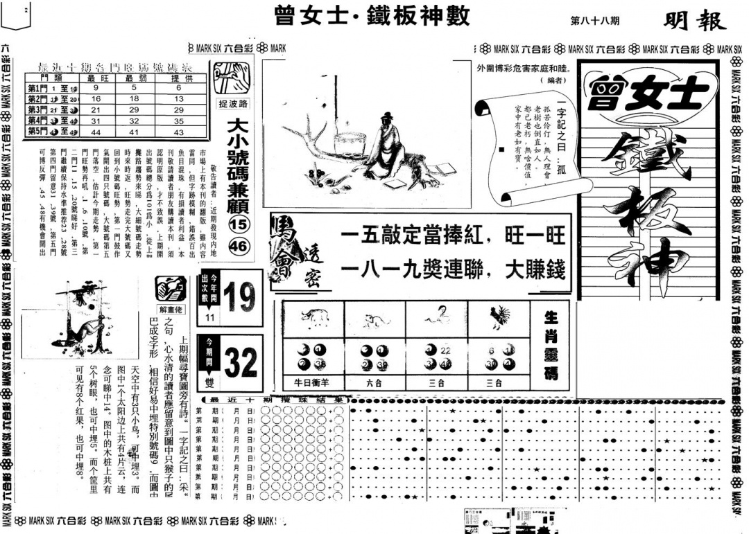 六合彩088期另版曾铁板神数A(黑白)