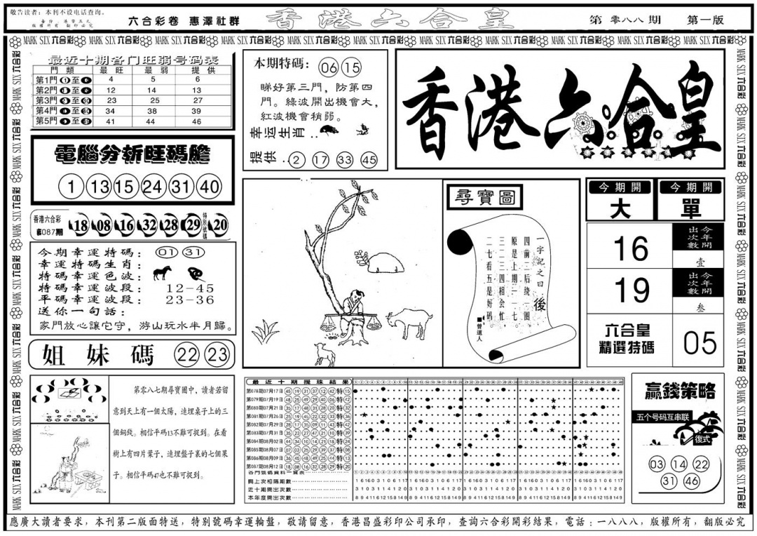 六合彩088期另版香港六合皇A(黑白)