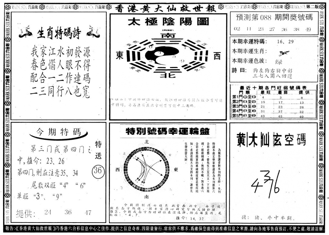 六合彩088期另版香港黄大仙B(黑白)