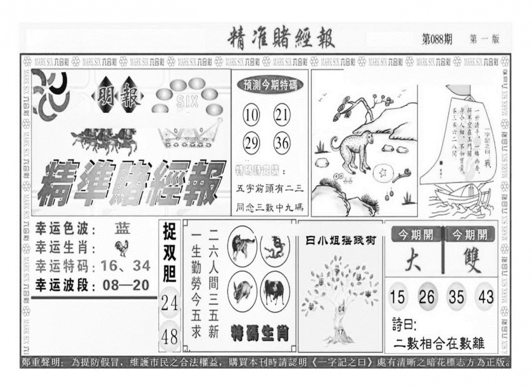 六合彩088期精准赌经报A（新图）(黑白)