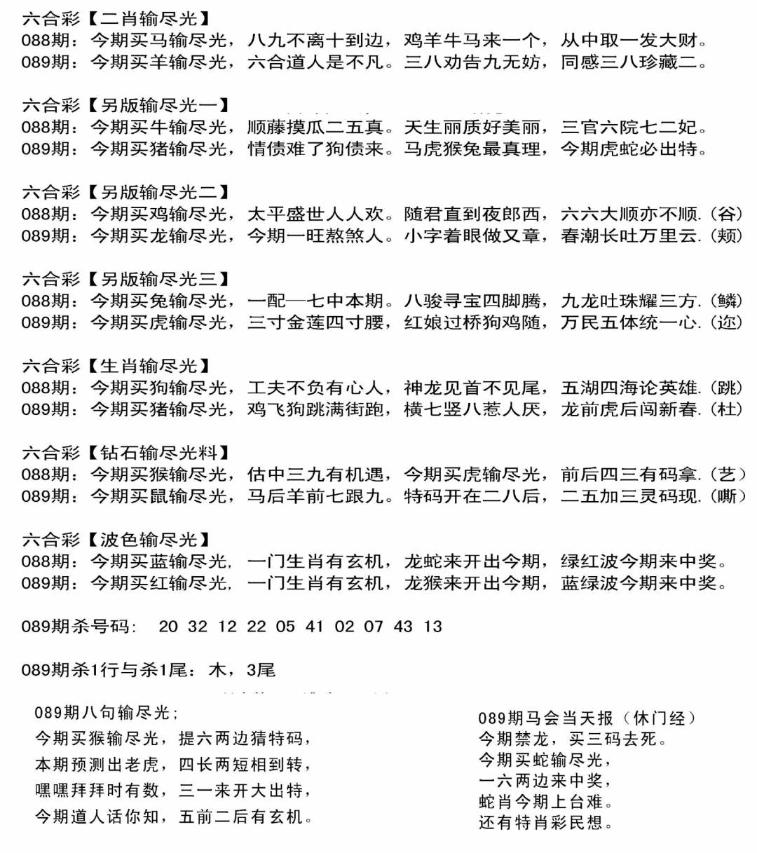 六合彩089期输光料(黑白)
