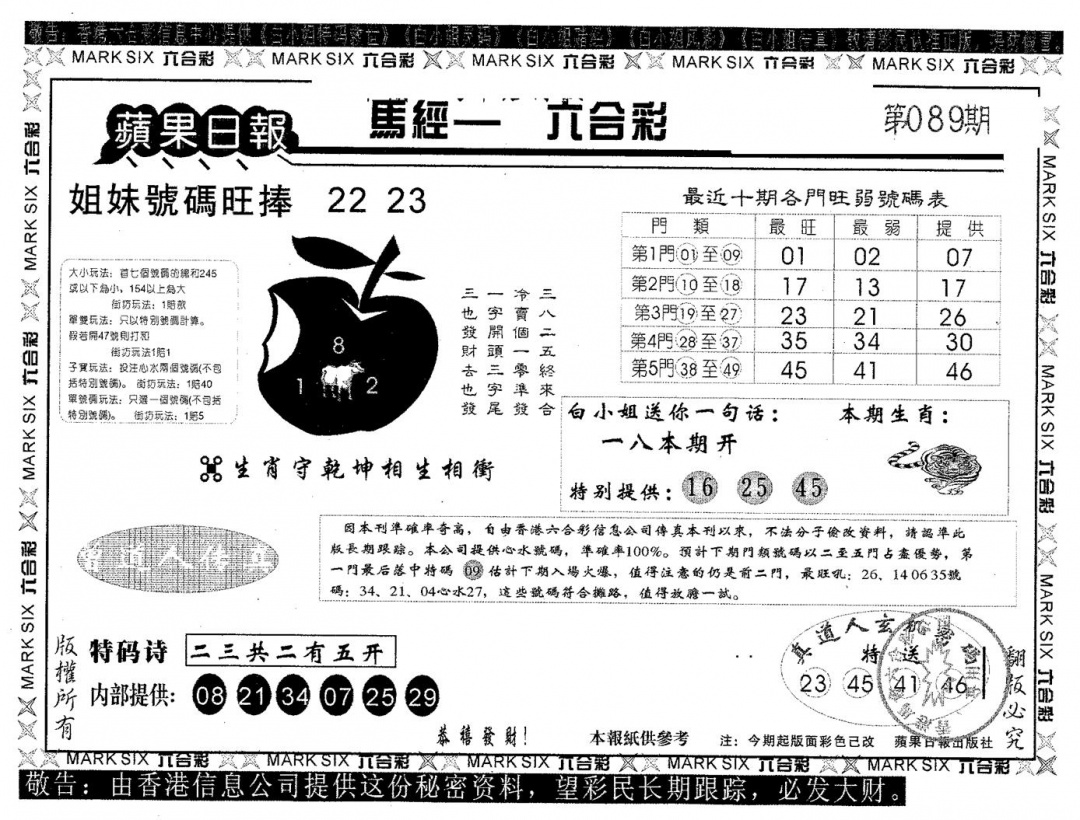 六合彩089期苹果日报A(黑白)