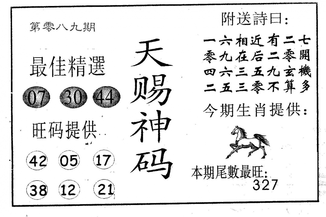 六合彩089期天赐神码(黑白)