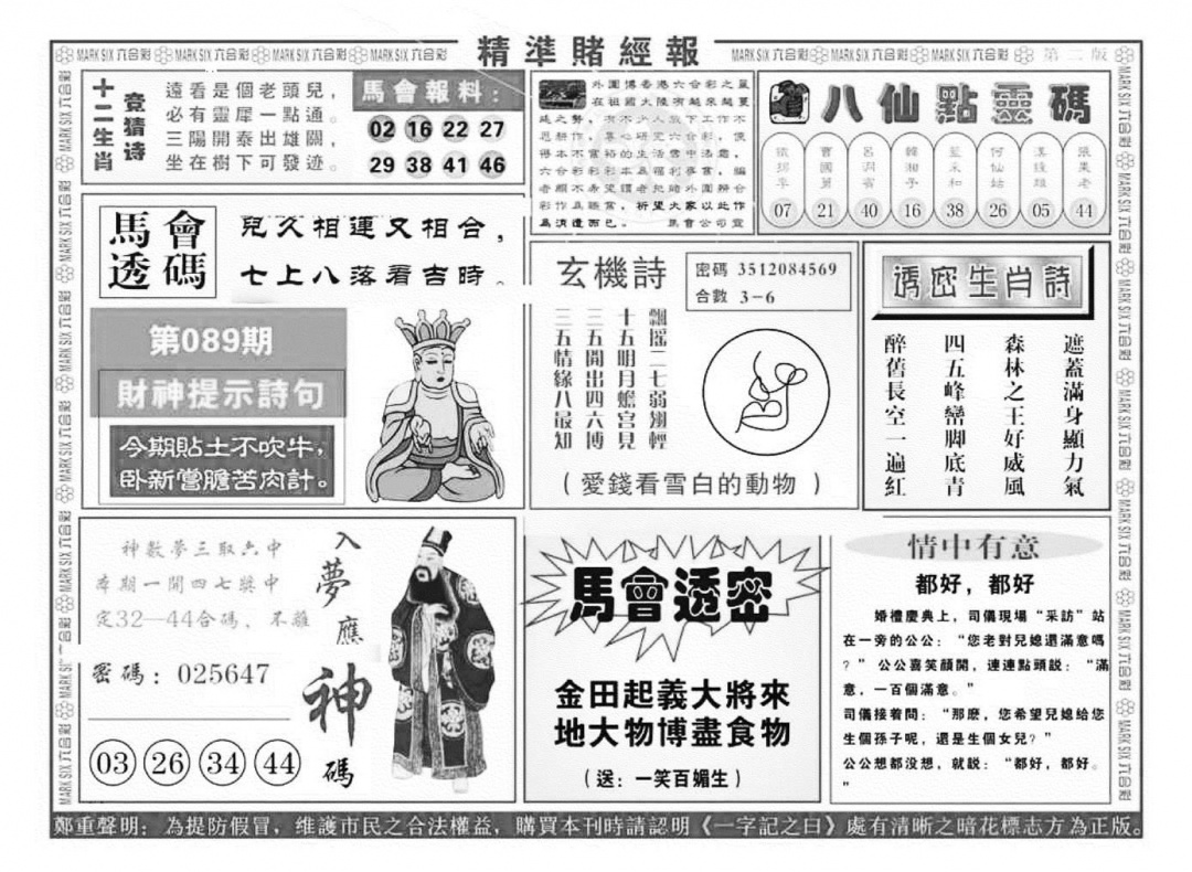六合彩089期精准赌经报B（新图）(黑白)