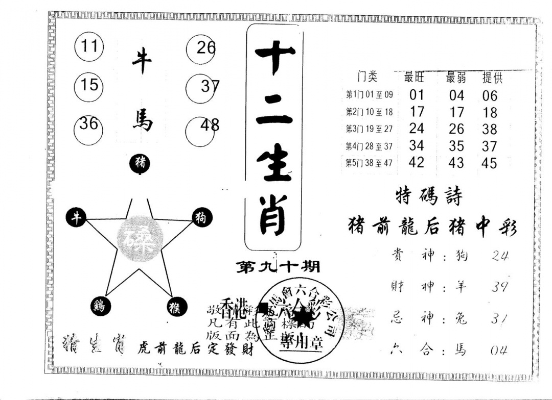 六合彩090期另版十二生肖(黑白)