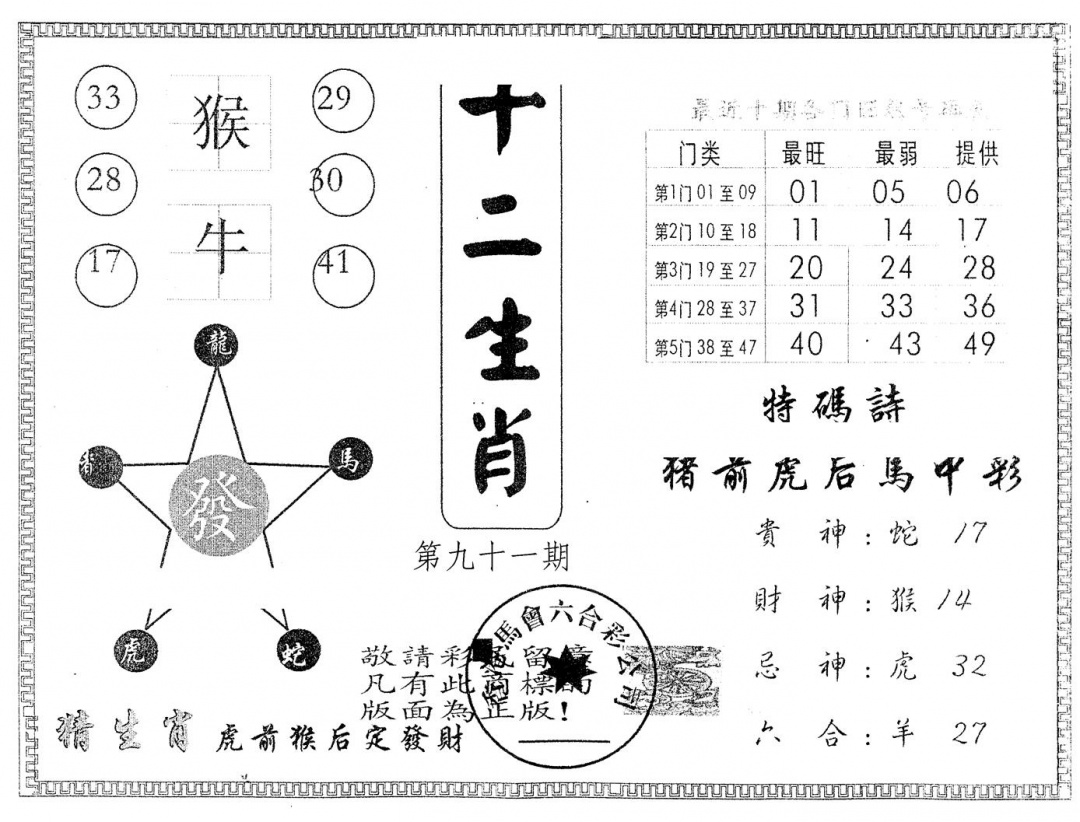 六合彩091期另版十二生肖(黑白)