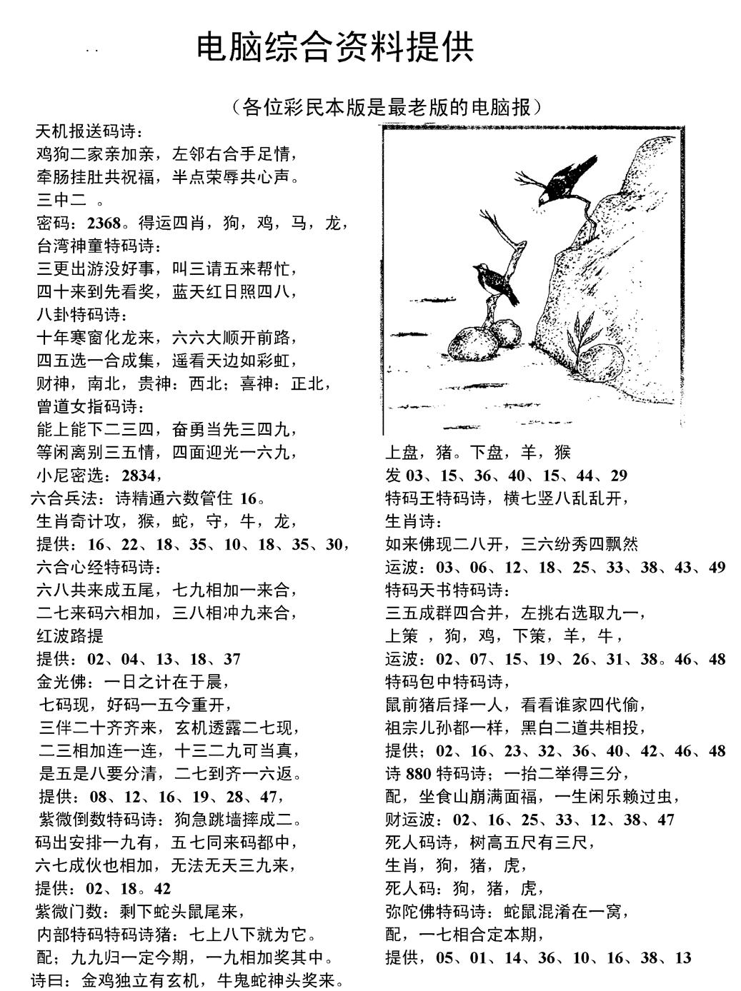 六合彩092期当日电脑综合资料C(黑白)