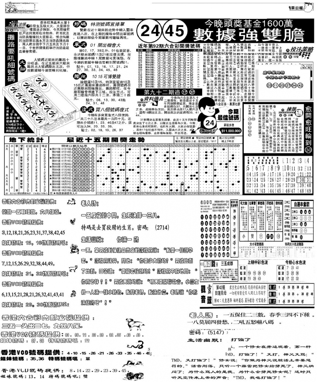 六合彩092期当日报-5(黑白)
