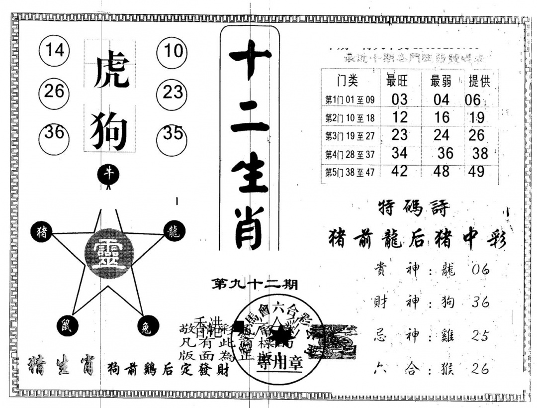 六合彩092期另版十二生肖(黑白)