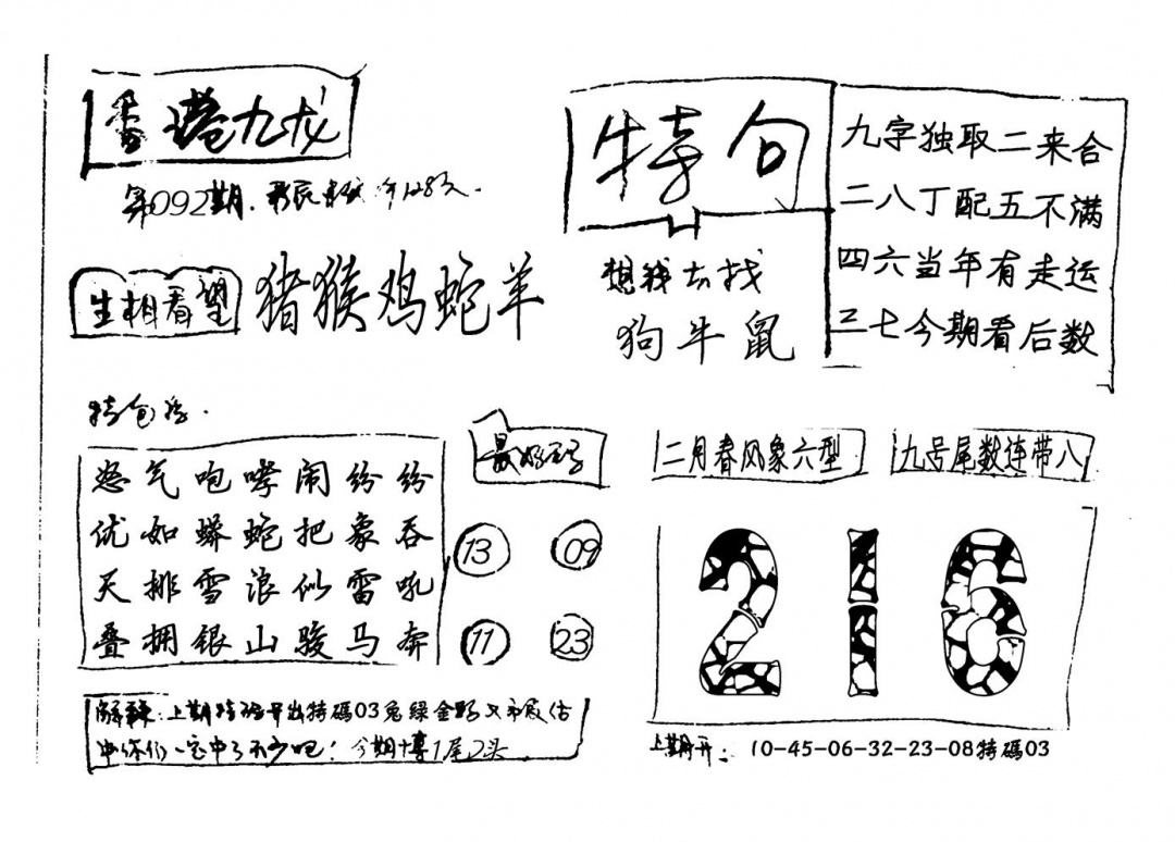 六合彩092期香港九龙(新图)手写(黑白)