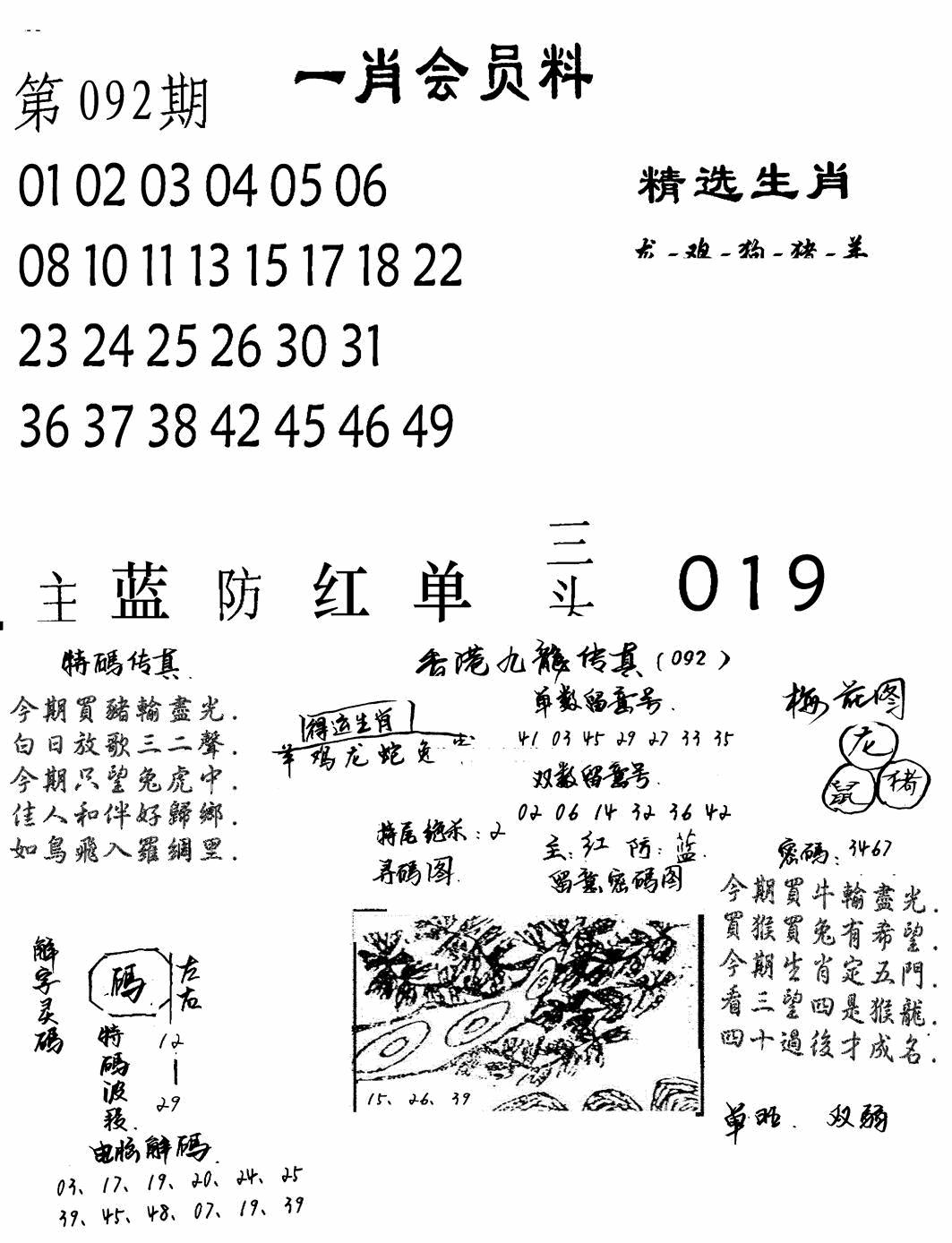 六合彩092期一肖会员料(黑白)
