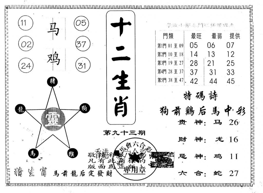 六合彩093期十二生肖(黑白)