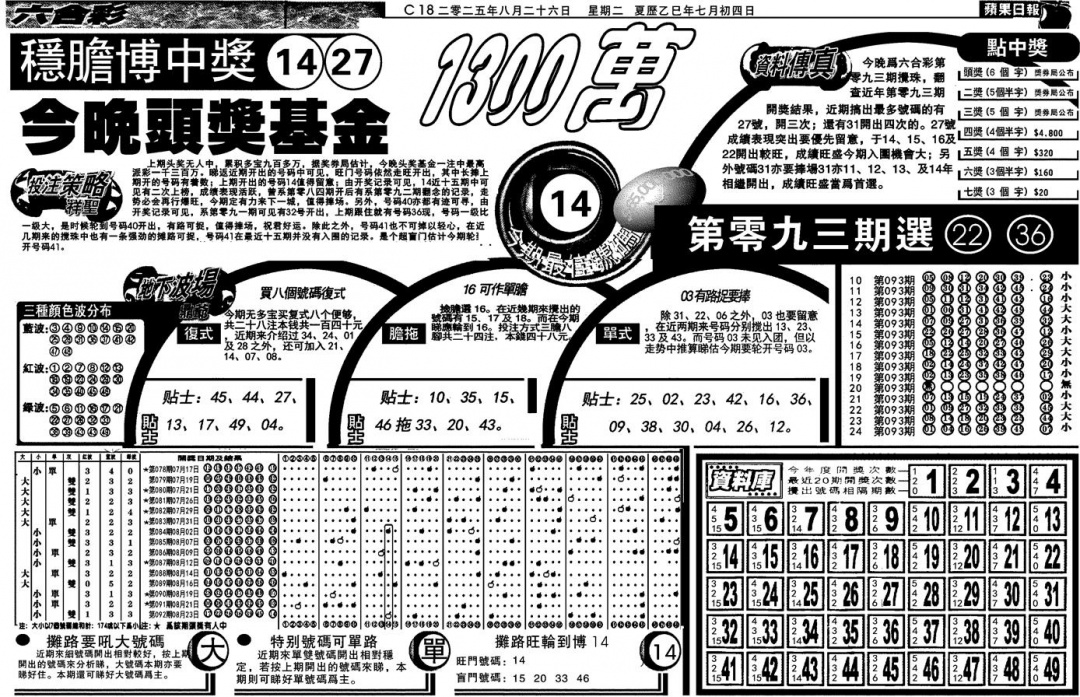 六合彩093期当日苹果日报(黑白)