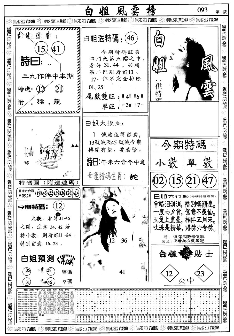 六合彩093期另版白姐风云榜A(黑白)