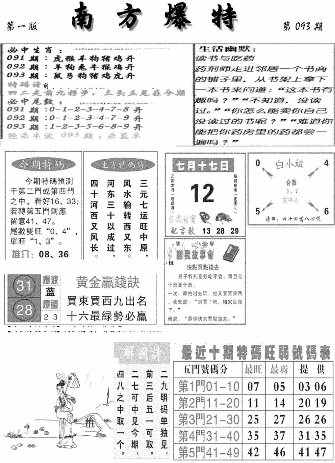 六合彩093期南方爆特A(新图)(黑白)