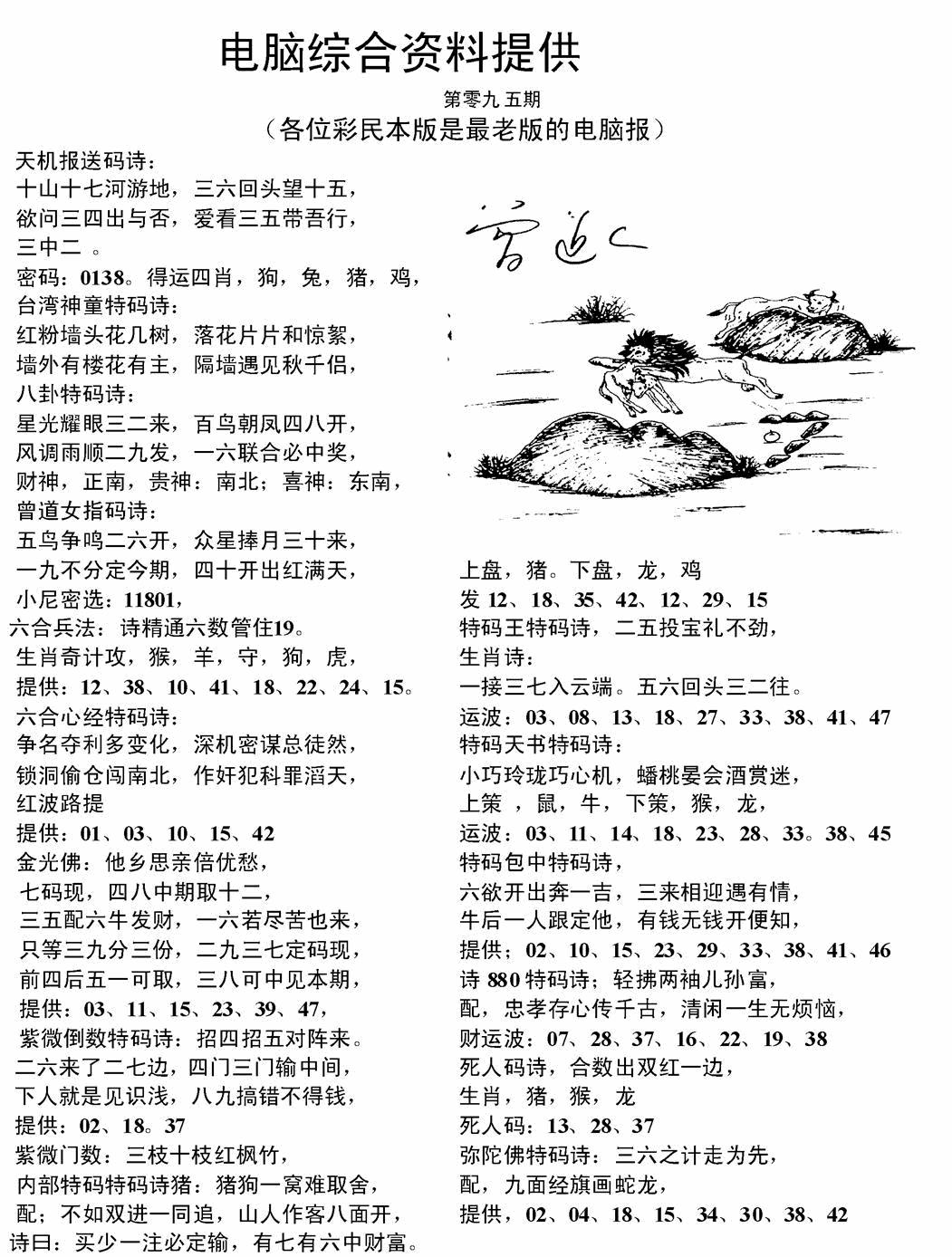 六合彩095期电脑综合资料A(黑白)
