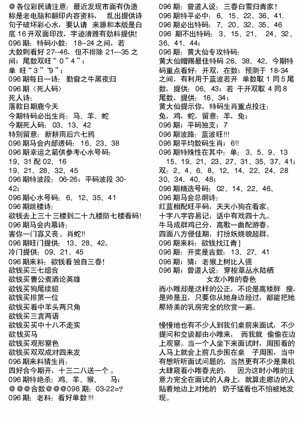 六合彩096期当日电脑综合资料B(黑白)
