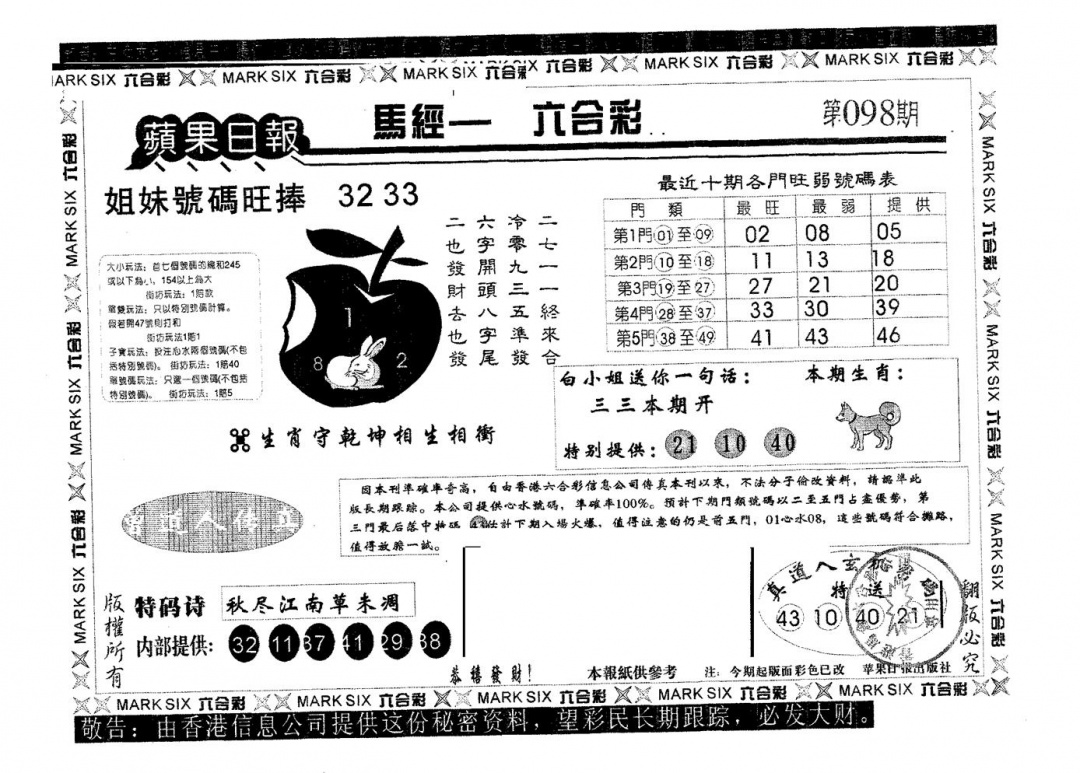 六合彩098期苹果日报B(黑白)