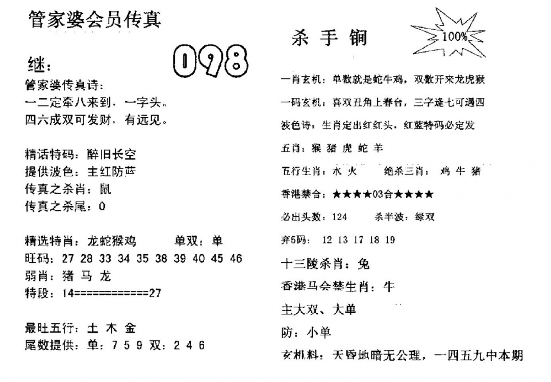 六合彩098期管家婆会员传真(黑白)