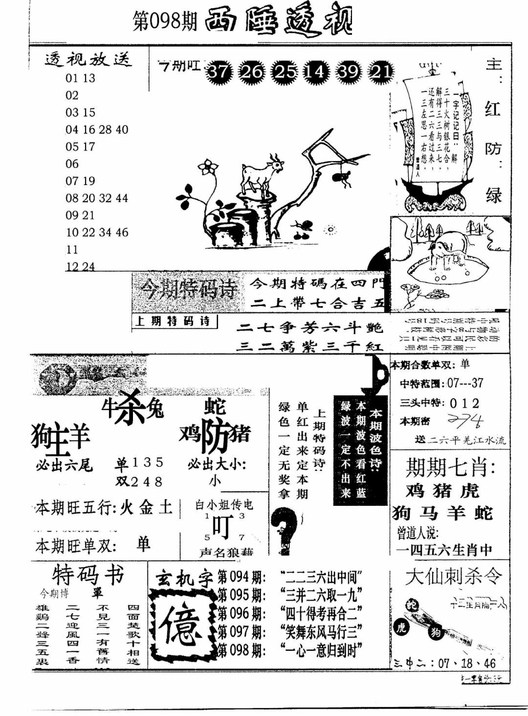六合彩098期广东西陲透视(新报)(黑白)