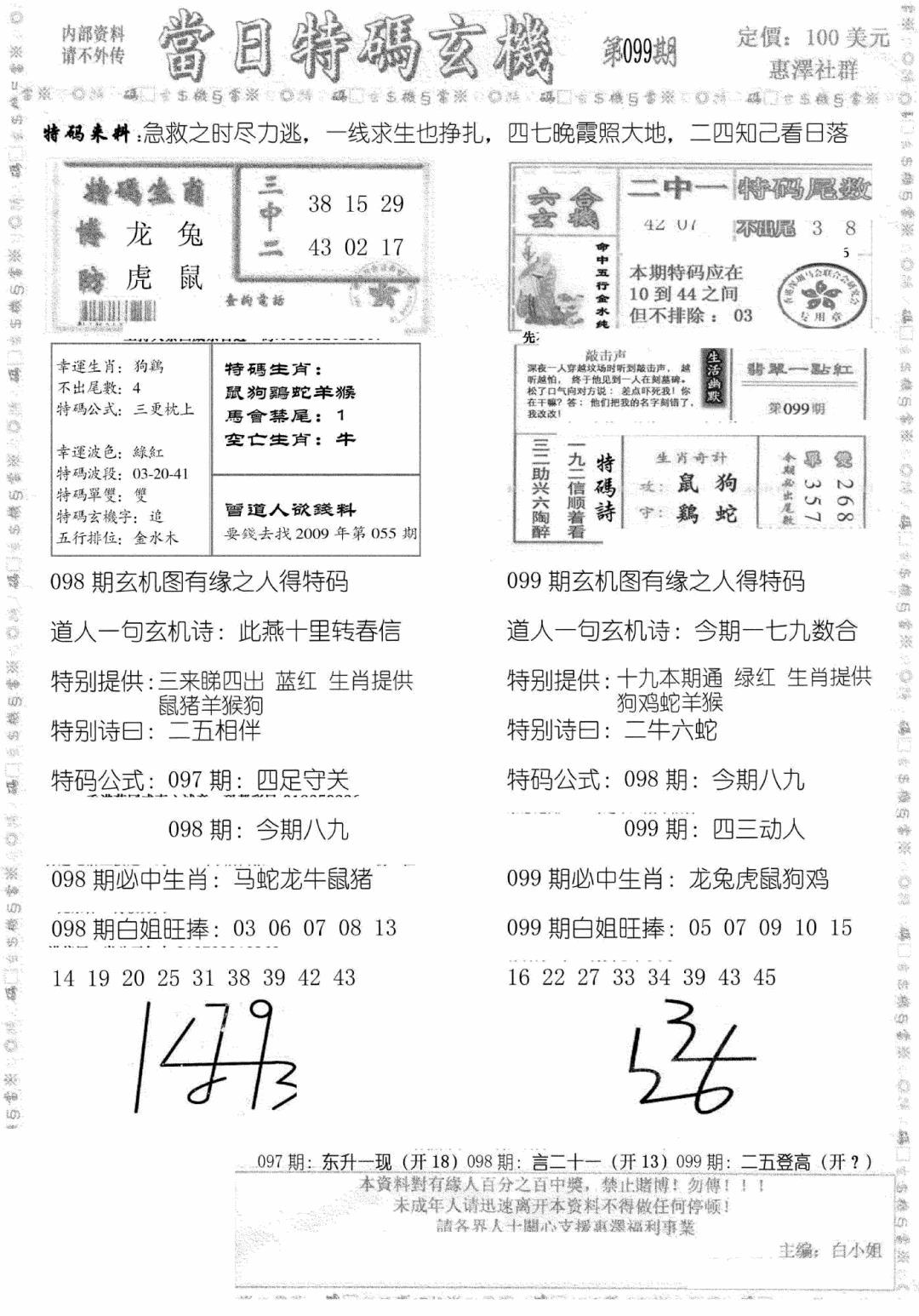 六合彩099期当日特码玄机B(黑白)