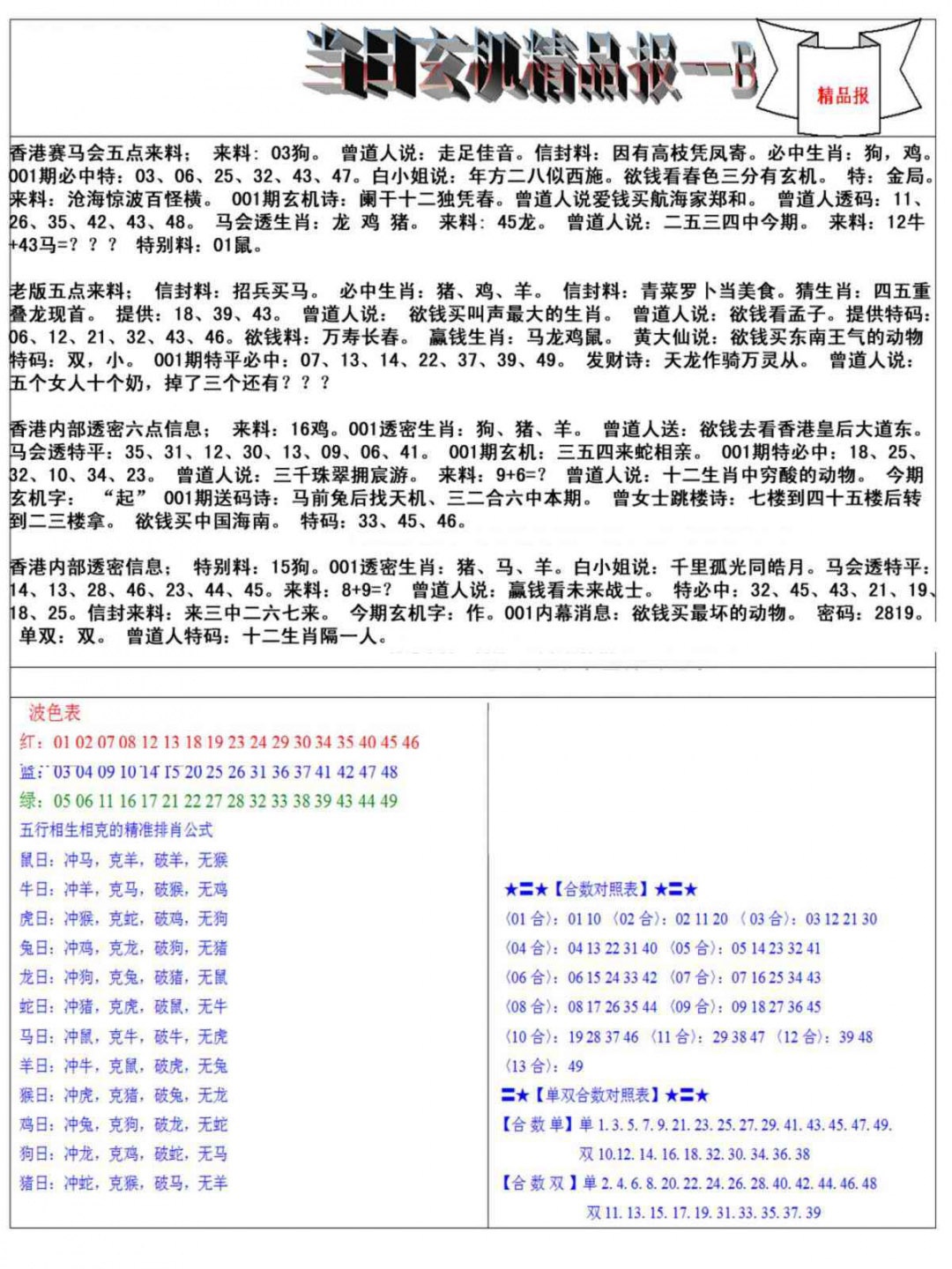 六合彩001期当日玄机精品报B