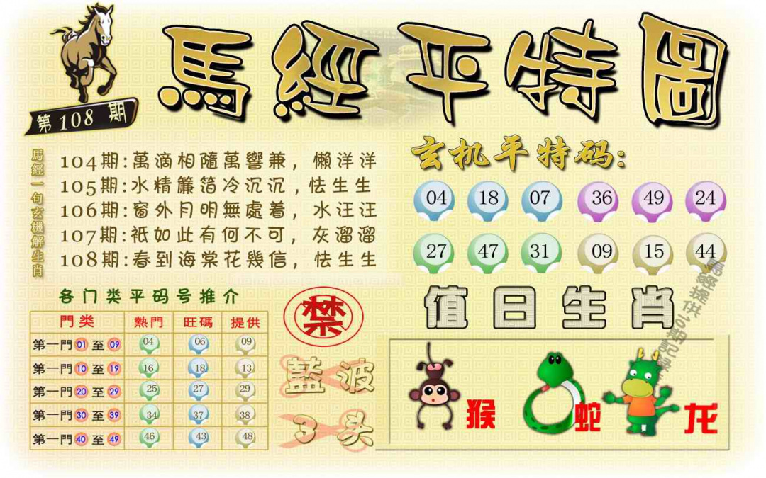 六合彩108期马经平特图（荐）