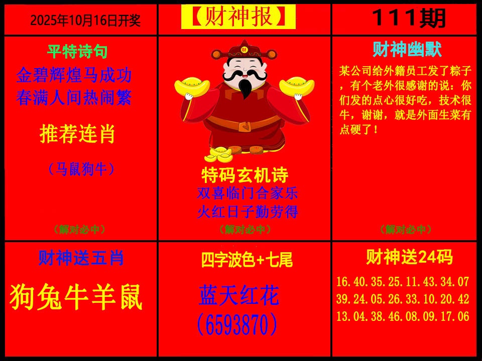 六合彩111期财神报