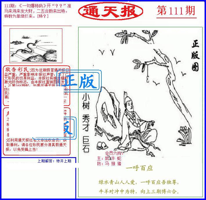 六合彩111期另通天报