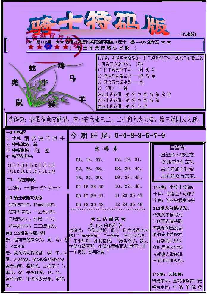 六合彩112期另骑士特码版