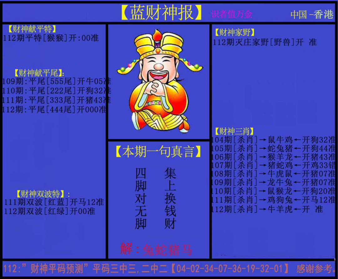 六合彩112期蓝财神