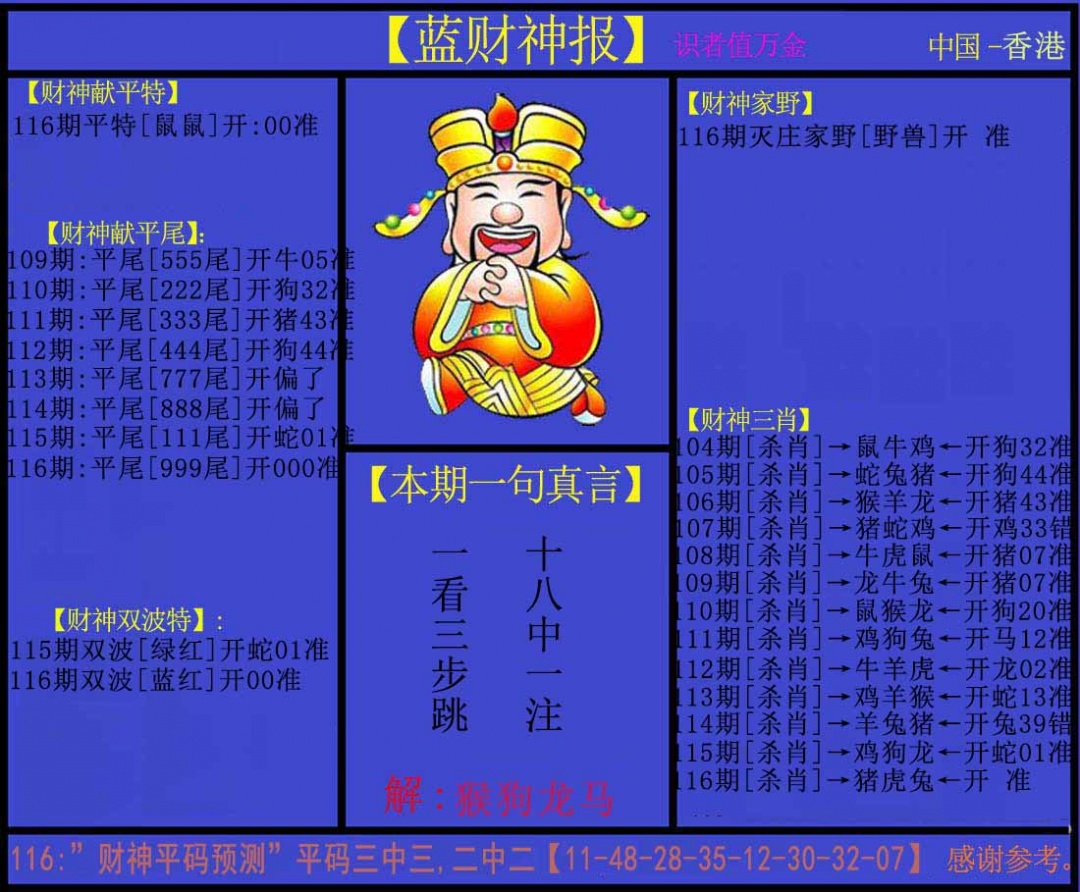 六合彩116期蓝财神