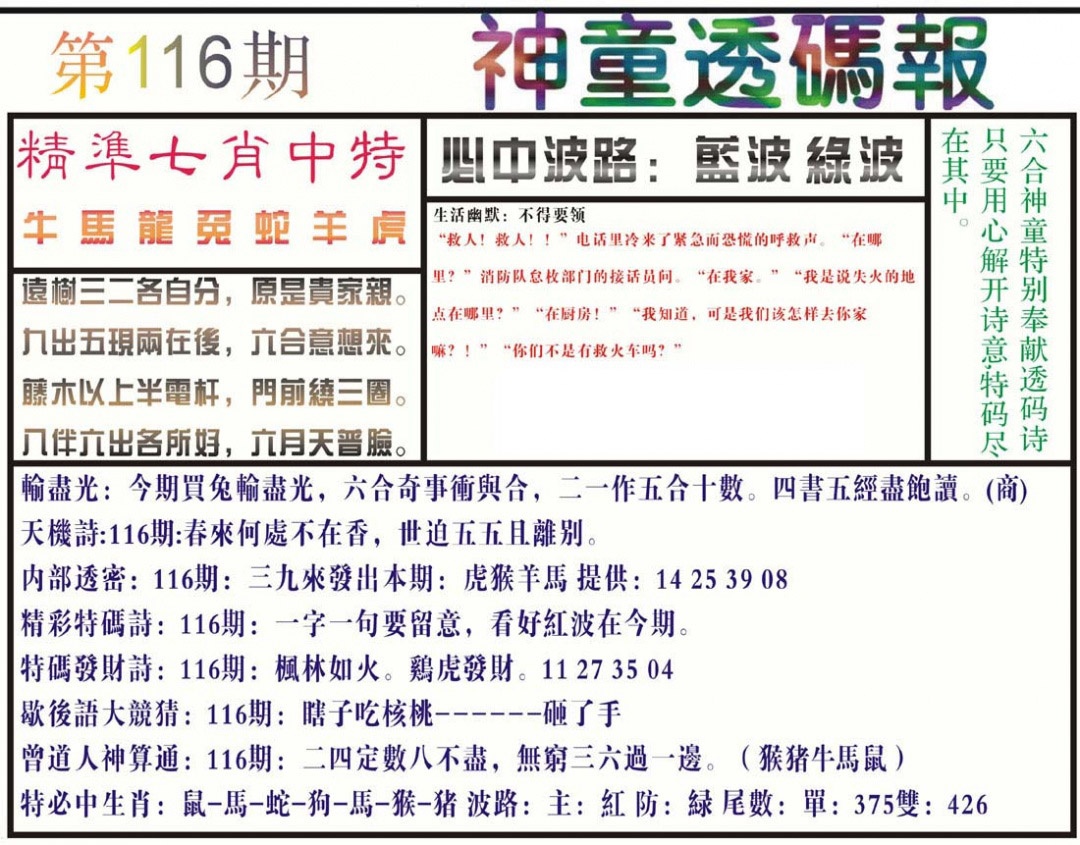 六合彩116期神童透码报(正版)